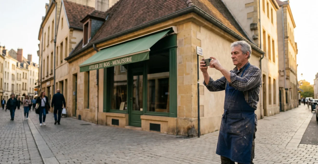 Artisan en tablier photographiant la devanture de sa boutique avec son smartphone dans une rue de quartier messin en fin d'après-midi