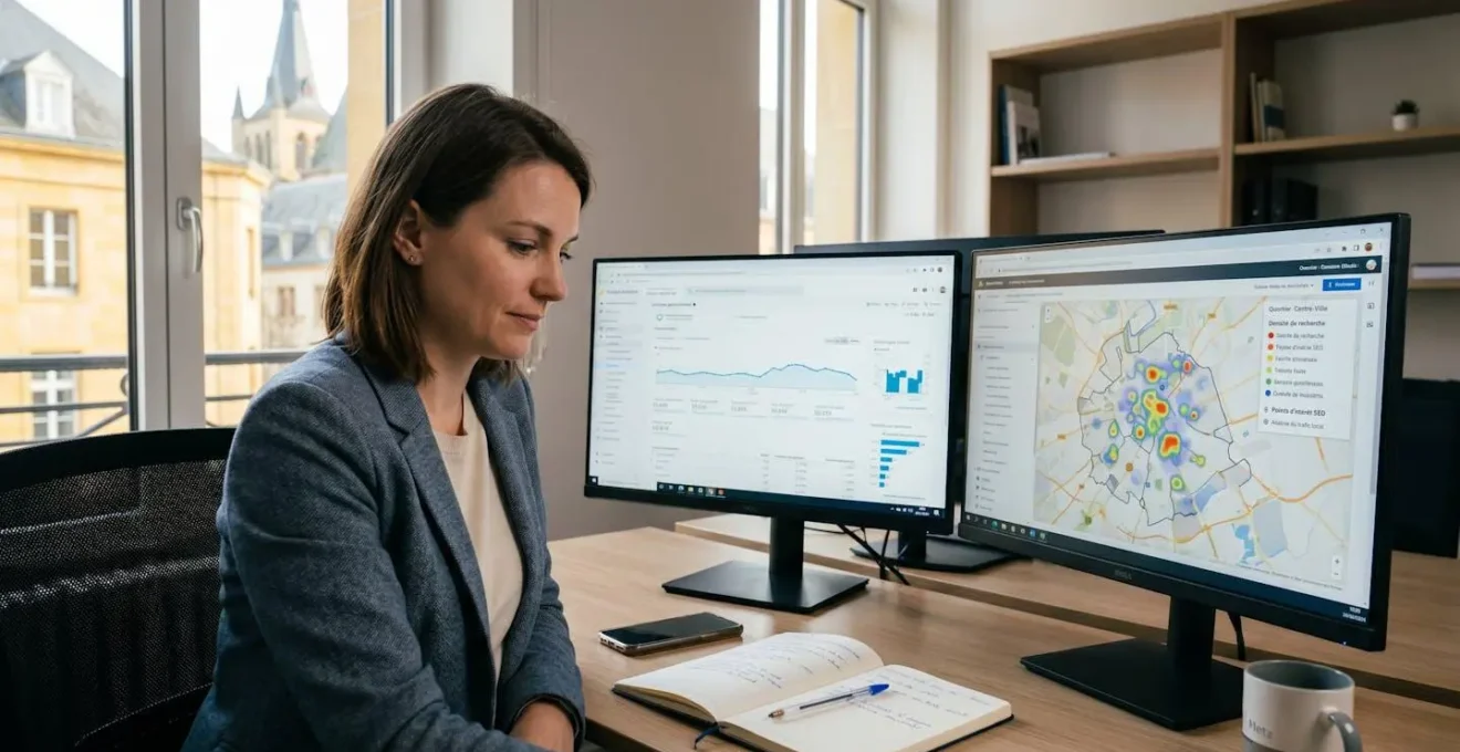 Consultante SEO travaillant sur un double écran affichant des données de géolocalisation et une carte de Metz avec métriques de trafic, dans un bureau moderne avec vue sur l'architecture messine