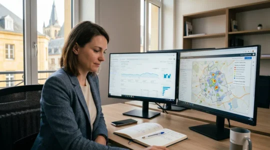 Consultante SEO travaillant sur un double écran affichant des données de géolocalisation et une carte de Metz avec métriques de trafic, dans un bureau moderne avec vue sur l'architecture messine