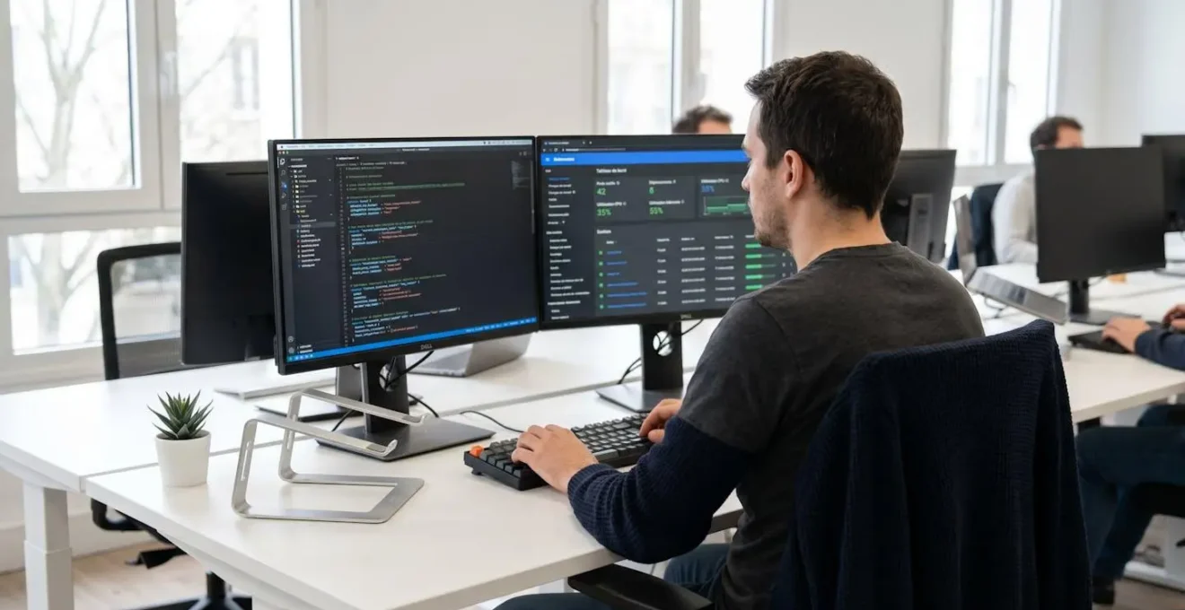 Développeur travaillant sur du code Infrastructure as Code Terraform avec double écran montrant configuration et tableau de bord de monitoring Kubernetes