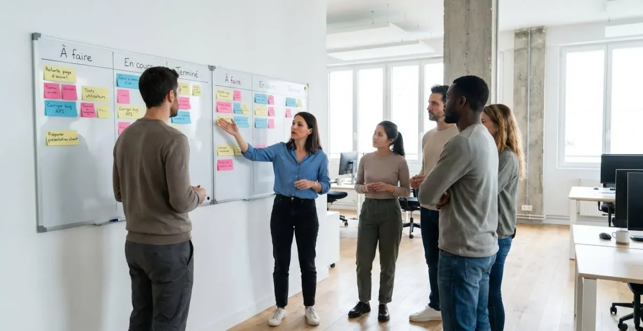 Équipe d'une agence web française lors d'un daily standup devant un tableau Kanban physique avec des Post-it colorés organisant les tâches en colonnes