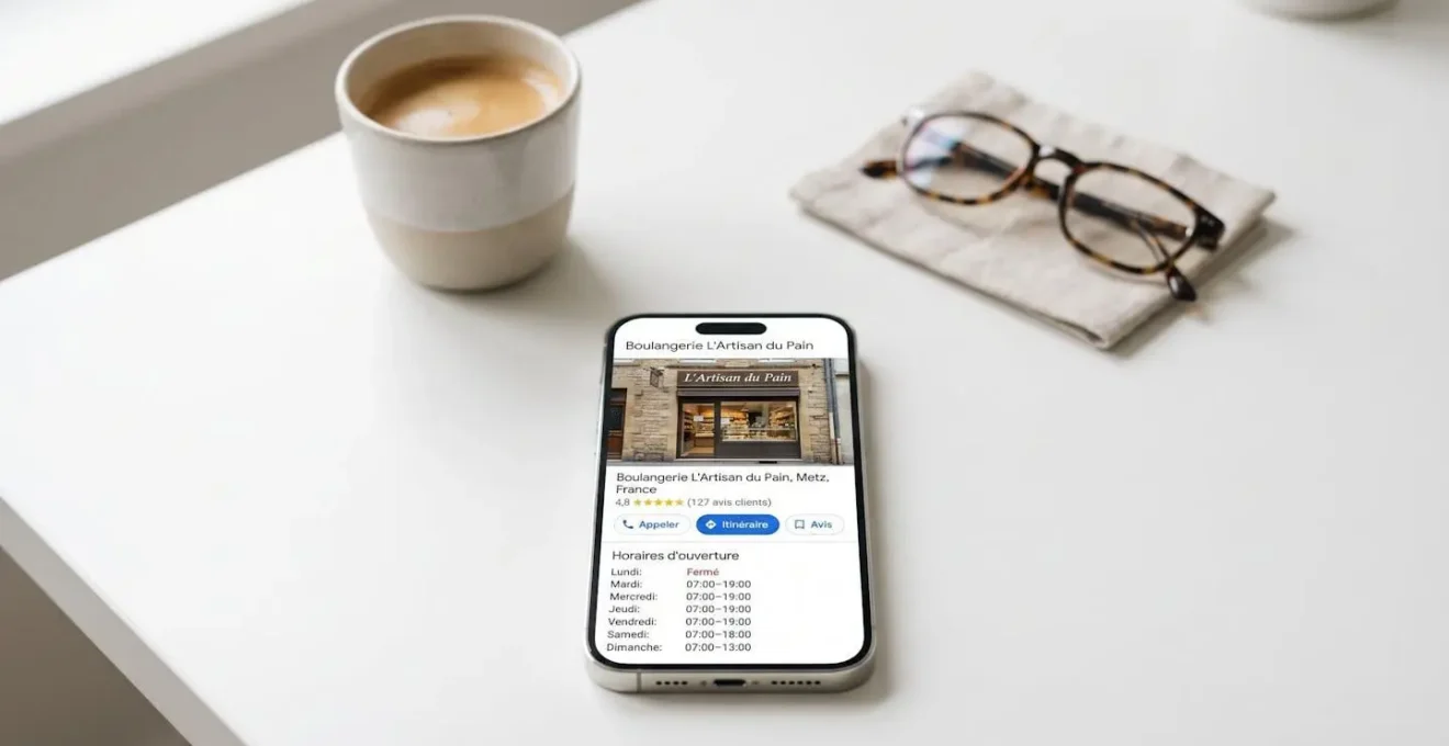 Smartphone affichant une fiche Google Business Profile d'une boulangerie à Metz avec notation 4,8 étoiles, bouton d'itinéraire et horaires d'ouverture en français